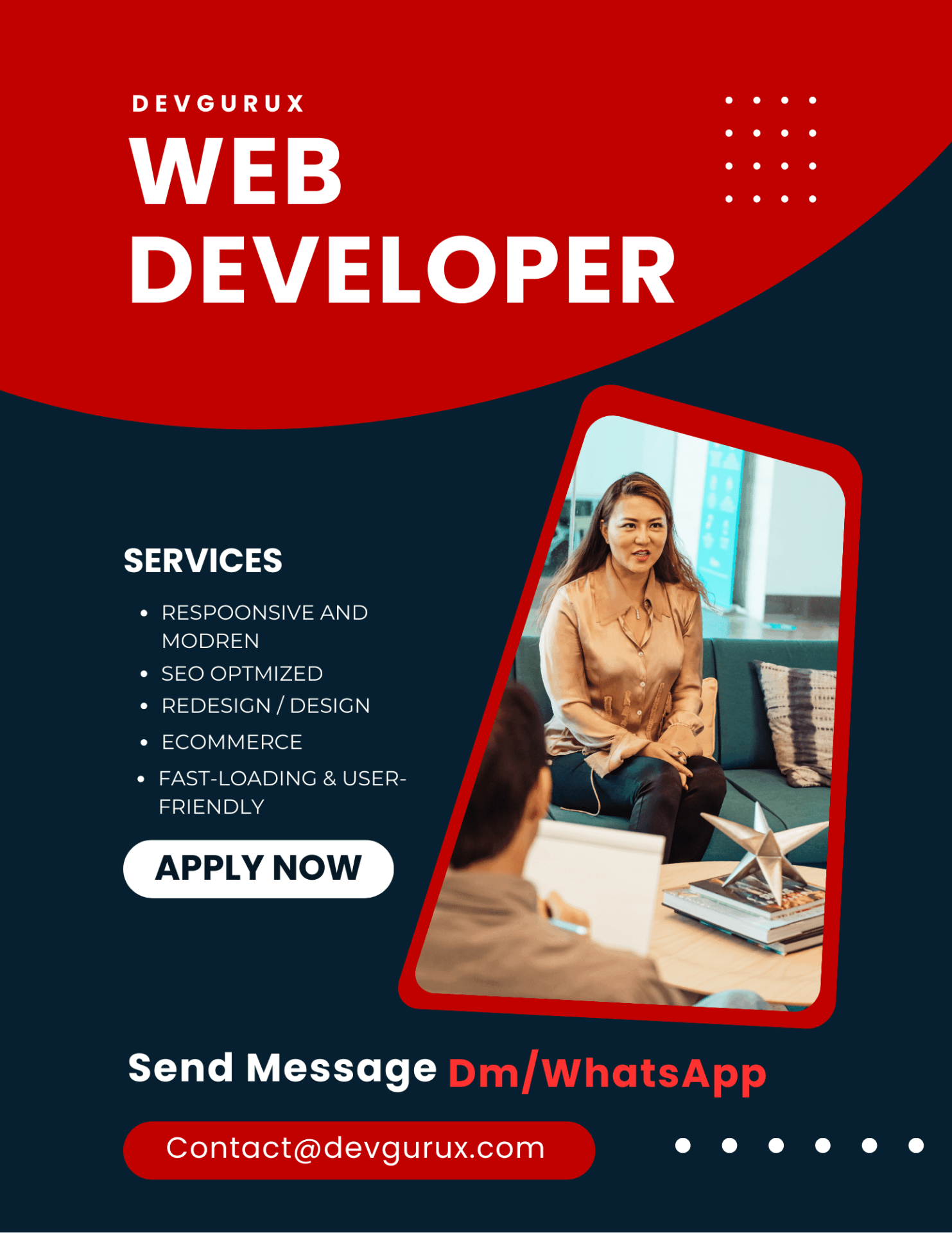 Promotional flyer with bold red and dark blue design featuring service highlights such as responsive modern layouts, SEO optimization, redesign and ecommerce solutions, symbolizing expert Website Design & Developments that help businesses grow online.