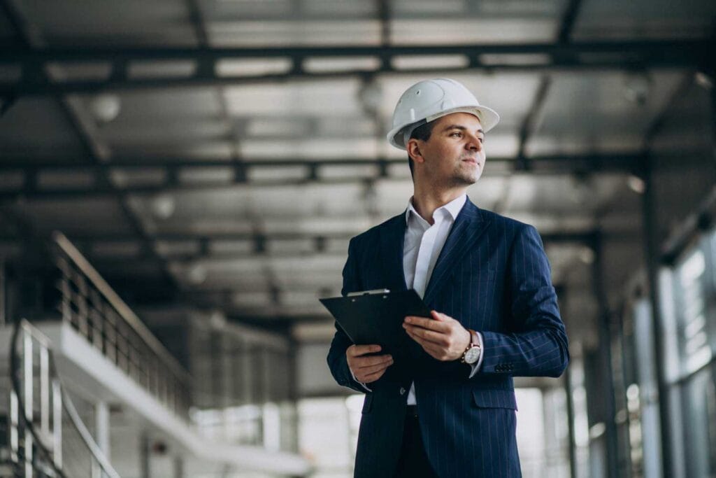 Professional in a safety helmet and suit holding a clipboard inside a modern industrial facility, symbolizing management, safety, and efficiency, visually representing the innovation and structure behind Web Design for Manufacturing Companies.