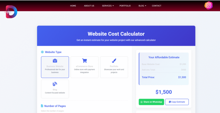 Screenshot of a website cost calculator showing estimated pricing for a business website project, symbolizing how entrepreneurs can plan budgets effectively when they choose the Best Web Hosting for Small Businesses and invest in a professionelle Website erstellen lassen.