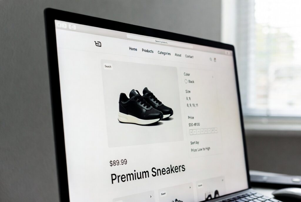 E‑commerce product page displaying black premium sneakers priced at $89.99 with size and filter options.