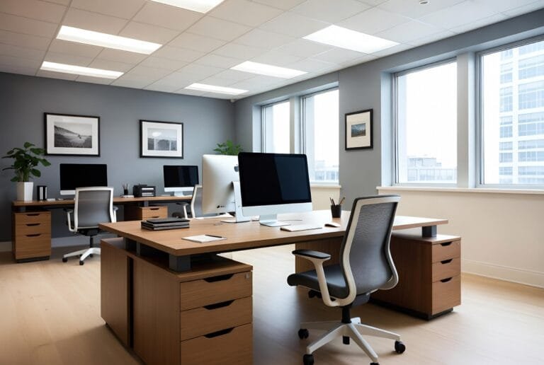 Modern minimalist office workspace with wooden desks, desktop computers, office chairs, framed wall art, and natural sunlight coming through large windows.