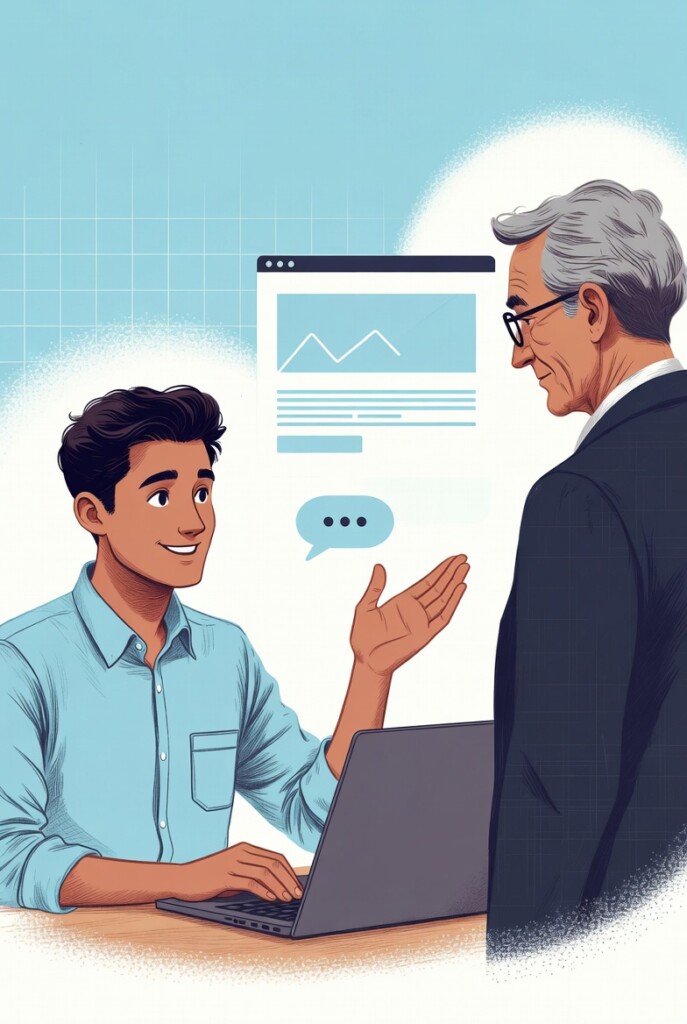 Oil painting style illustration of a professional web developer in New York on a phone call with a business owner in a city background, symbolizing remote website development consultation and client communication