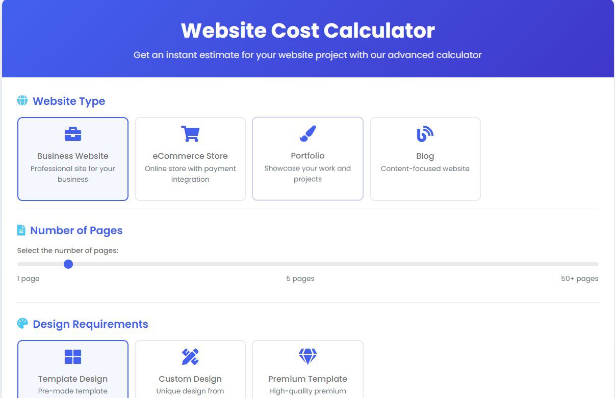 website cost calculator screen short