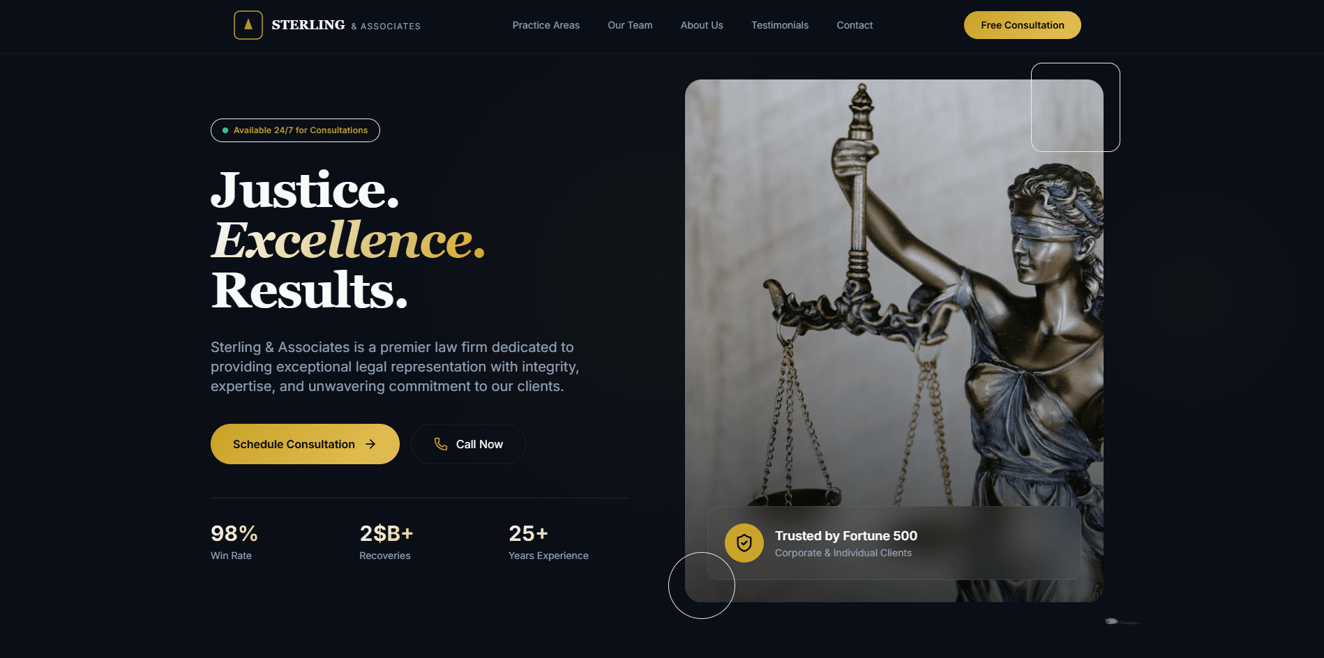 Sterling & Associates website desktop view — dark luxury design with gold accents and glass morphism showcasing the hero section, practice areas, and attorney profiles