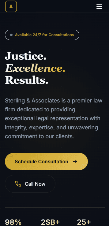 Sterling & Associates website mobile view — responsive design showing the hero section and practice areas on a smartphone