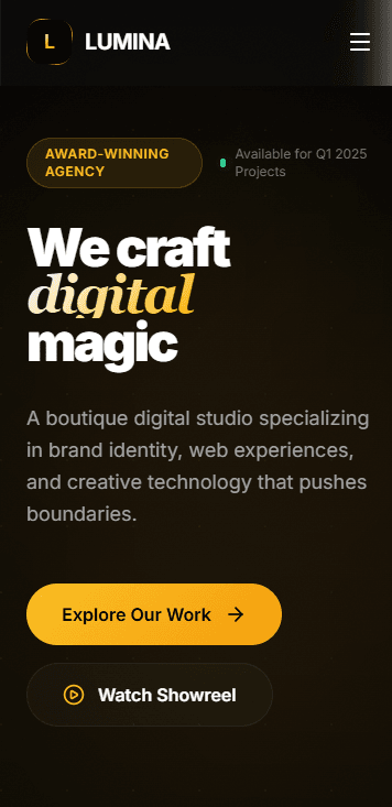 Lumina Creative Agency website mobile view — responsive design showing the hero section and portfolio on a smartphone