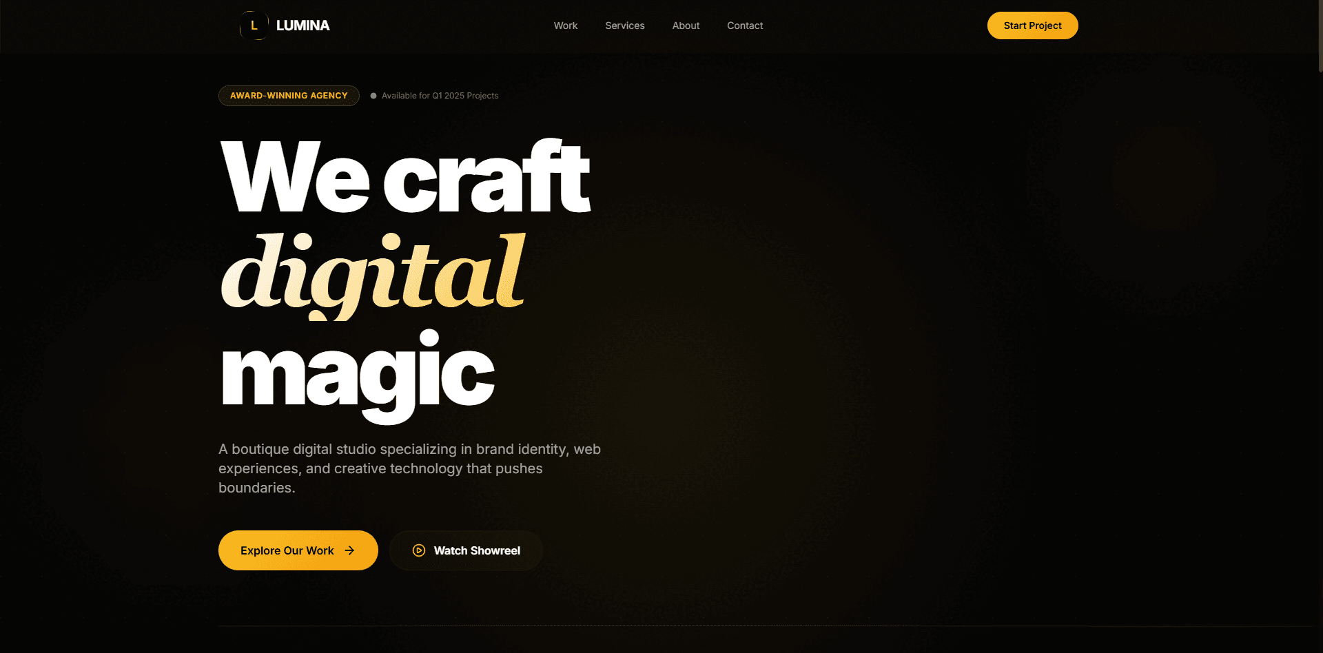 Lumina Creative Agency website desktop view — clean dark theme with neon accents showcasing the hero section, portfolio grid, and trusted brand logos