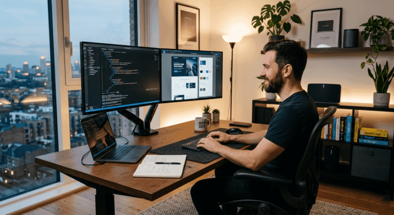 a developer designing a website sitting in front of two pcs one side coding and one side design output