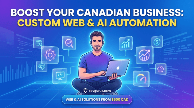 Developer sitting with laptop surrounded by web development and AI automation icons with text Boost Your Canadian Business starting at $600 CAD.