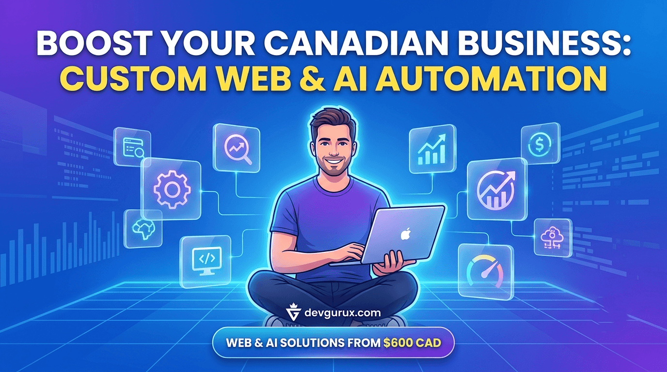 Developer sitting with laptop surrounded by web development and AI automation icons with text Boost Your Canadian Business starting at $600 CAD.