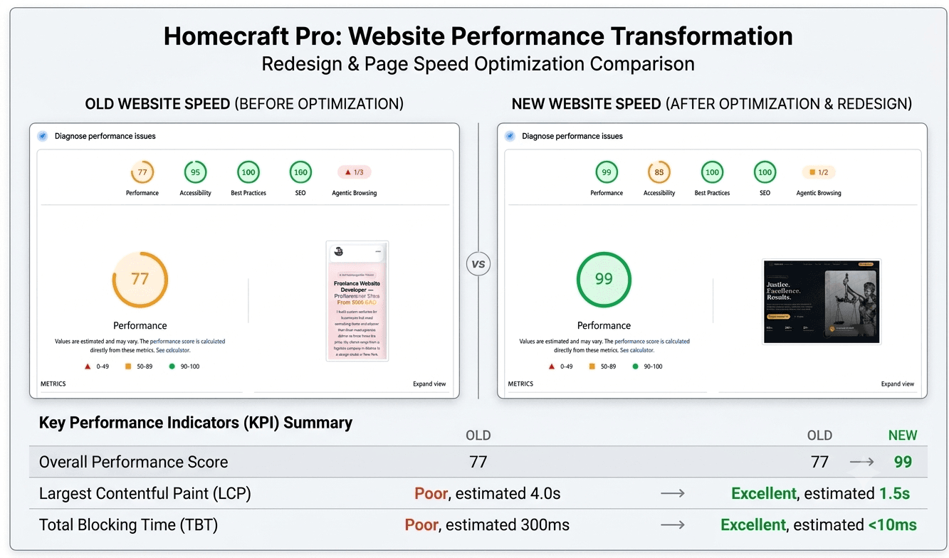 A side-by-side technical comparison showing how bloated website code (Speed Score 38) destroys performance, while clean, semantic handwritten HTML and CSS achieve an excellent PageSpeed score of 96.