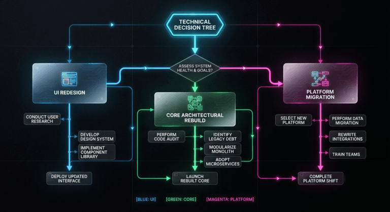 Comprehensive business website technical decision tree matrix displaying choices between user interface redesign, backend architecture rebuild, and content management infrastructure migration.