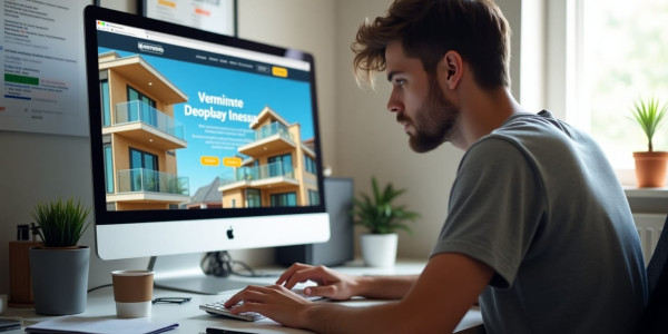 A professional web developer at devGurux designing a high-performance, responsive website on a desktop monitor in a focused office environment to help businesses scale their online presence.