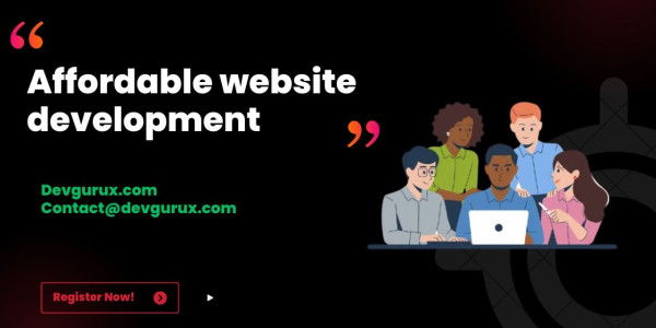 Marketing banner for an affordable website development agency showing a diverse team collaborating around a laptop, with contact information and a 'Register Now' call to action.