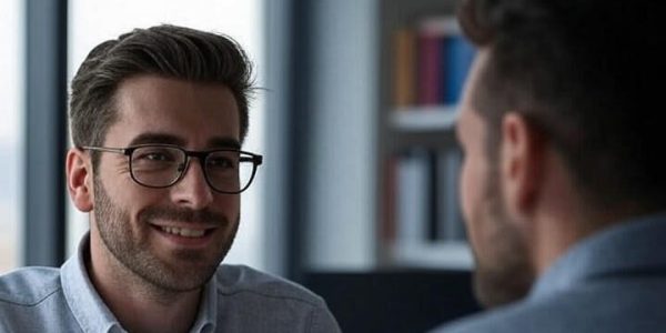 Close-up of two men in a professional office setting, one facing the camera with glasses and a light blue shirt, the other with his back turned, blurred bookshelf in the background, illustrating a Website SEO Services consultation