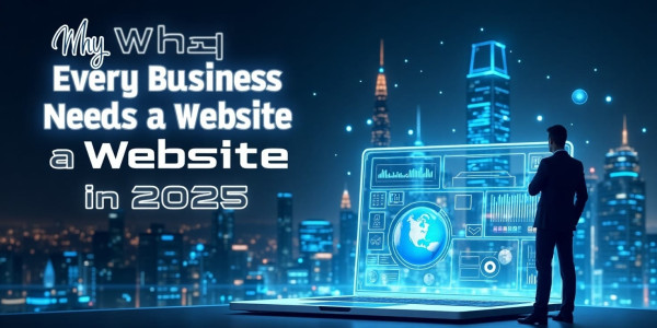 Businessperson standing before a large holographic dashboard, city skyline at night, illustrating the need for a website and an online strategy