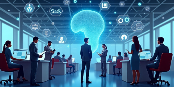 Futuristic office scene with professionals working at desks and a glowing digital brain surrounded by hexagonal icons for robotics, cloud, and data, symbolizing artificial intelligence and teamwork, designed in a style that reflects the innovation of a Web Developer in Calgary.