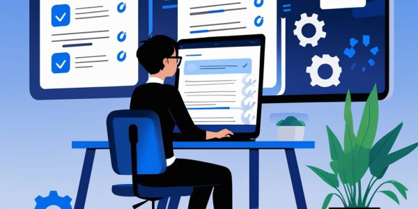 Illustration of a person coding at a desk with multiple large screens showing checklists and gears, symbolizing structured website development for small businesses