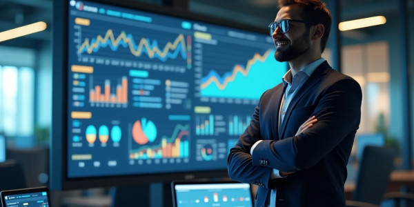Professional man in a suit standing with crossed arms in an office, looking at a large data dashboard on a screen, symbolizing the importance of every business having a website