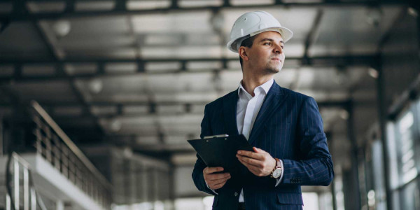 Professional in a safety helmet and suit holding a clipboard inside a modern industrial facility, symbolizing management, safety, and efficiency, visually representing the innovation and structure behind Web Design for Manufacturing Companies.