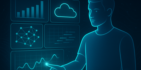 Futuristische Illustration einer Person, die mit Datenvisualisierungen und Cloud-Symbolen interagiert, steht sinnbildlich für moderne digitale Lösungen, bei denen man eine professionelle Website erstellen lassen und zugleich best website hosting nutzen kann.