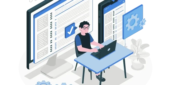 Digital illustration of a professional working on a laptop at a desk with large screens showing code, mobile interface, and gear icons, symbolizing innovation, task completion, and the expertise of a Custom Website Developer Berlin in creating tailored digital solutions.