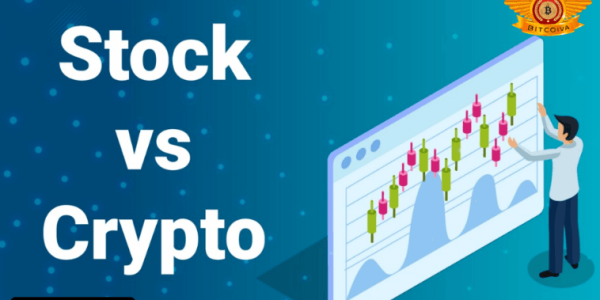 Graphic depicting stock vs crypto comparison with a person analyzing a digital chart, representing investment strategies and market trends