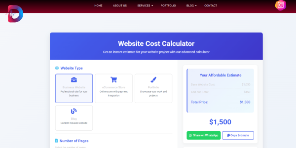 Screenshot of a website cost calculator showing estimated pricing for a business website project,